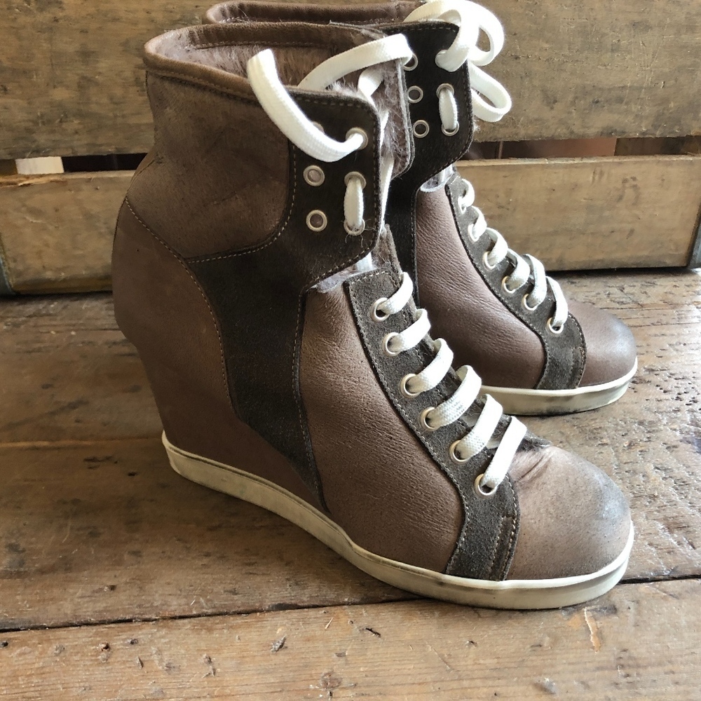FashionLab Italian Leather Wedge lace Up Booties